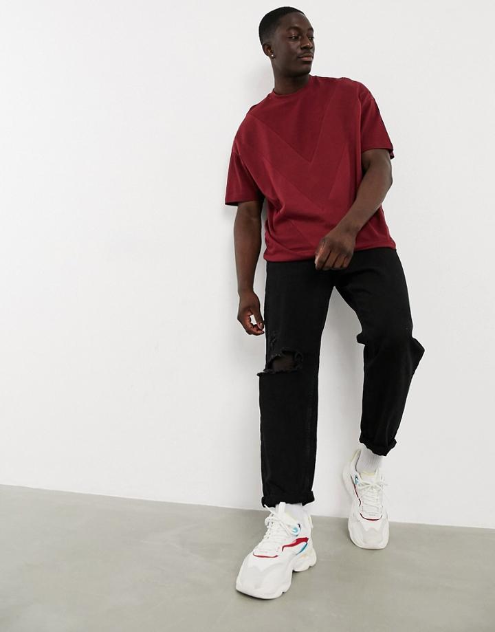 Asos Design Relaxed Fit Pique Cut & Sew T-shirt In Burgundy-red
