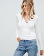 Asos Design V Neck Sweater In Rib With Buttons-cream
