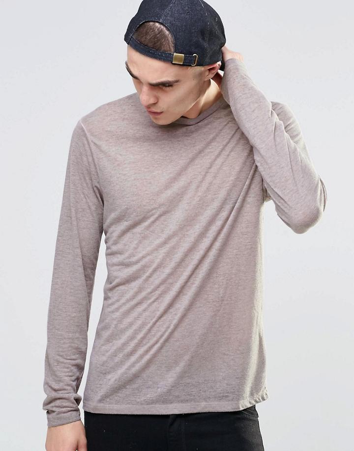 Asos Linen Mix Long Sleeve T-shirt With Pigment Wash In Brown - Brown