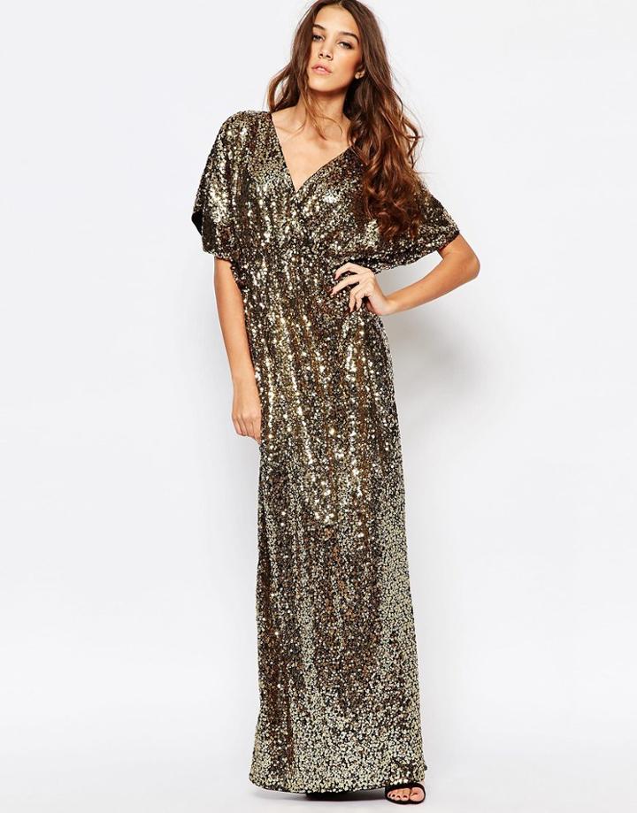 First & I Sequin Kimono Sleeve Maxi Dress - Gold Sequin