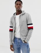 Tommy Hilfiger Icon Logo And Sleeve Stripe Full Zip Hoodie Relaxed Fit In Gray Marl - Gray