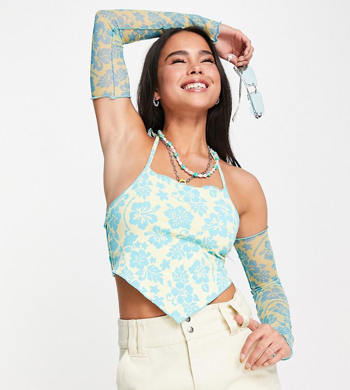 Collusion Hibiscus Print Scarf Hem Halter Top With Mesh Sleeves In Multi