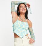 Collusion Hibiscus Print Scarf Hem Halter Top With Mesh Sleeves In Multi
