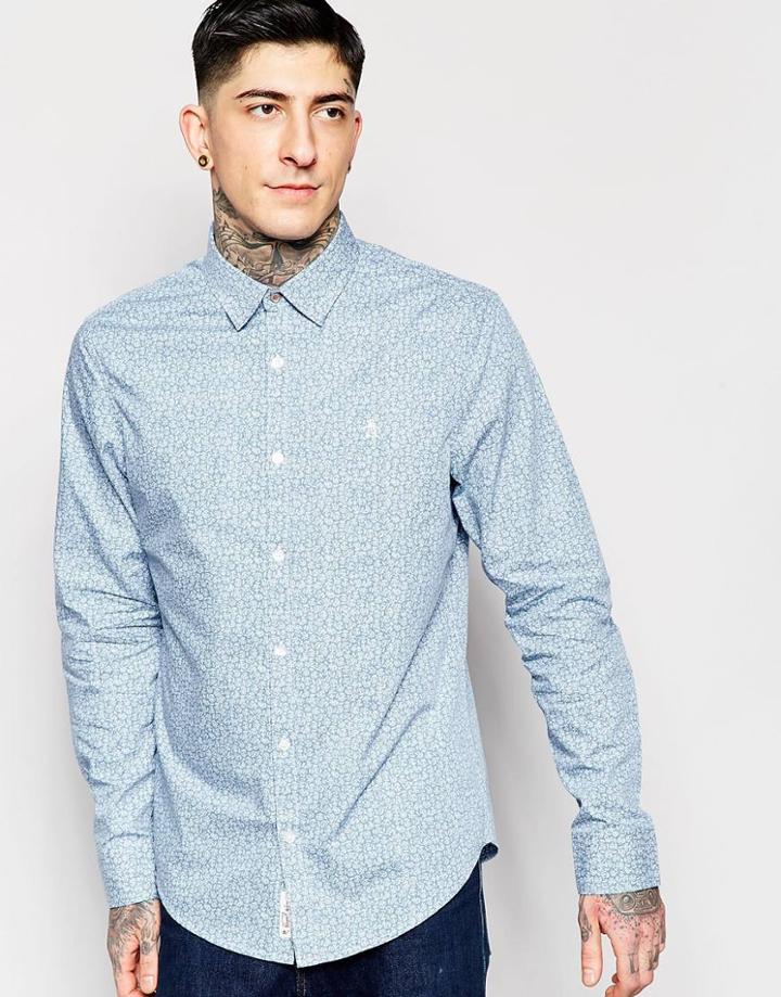 Original Penguin Reverse Side Floral Printed Poplin Long Sleeved Shirt - Blue
