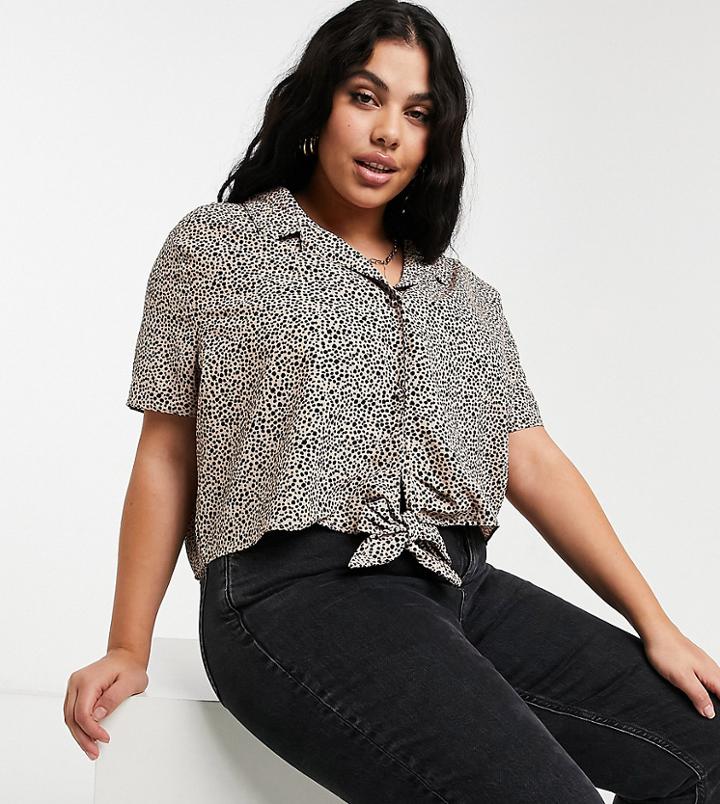 Brave Soul Plus Stoney Leopard Print Blouse With Tie Detail-brown