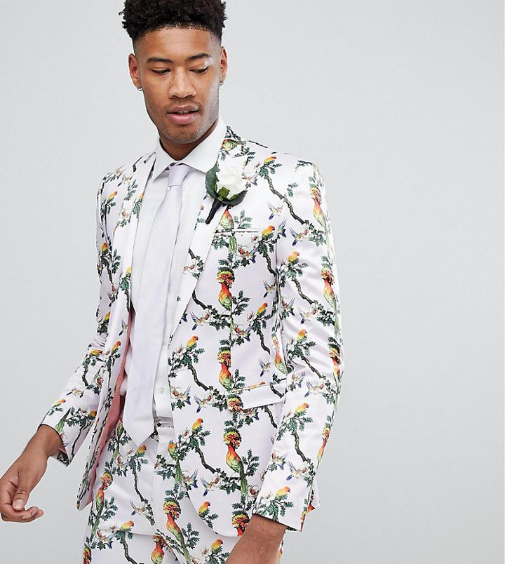 Asos Tall Super Skinny Blazer With Pink Bird Print - Pink