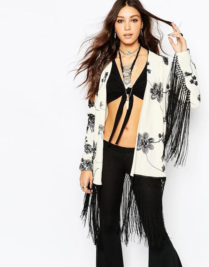 Lira Oversized Kimono With Floral Embroidery & Tassel Detail - Cream