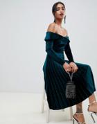 Asos Design Pleated Velvet Bardot Midi Dress - Green