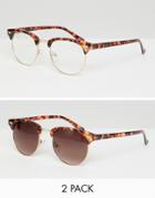 Asos Design 2 Pack Retro Sunglasses In Tort With Clear Lens & Brown Grad Lens - Brown