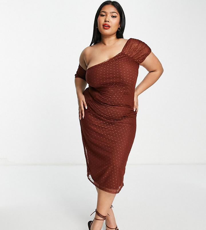 Asos Design Curve Fallen Shoulder Ruched Textured Mesh Midi Dress In Chocolate