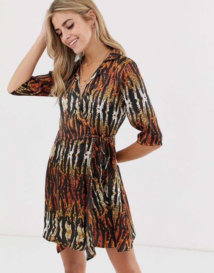 Qed London Collared Wrap Dress In Tiger Print - Multi