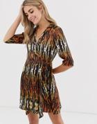 Qed London Collared Wrap Dress In Tiger Print - Multi
