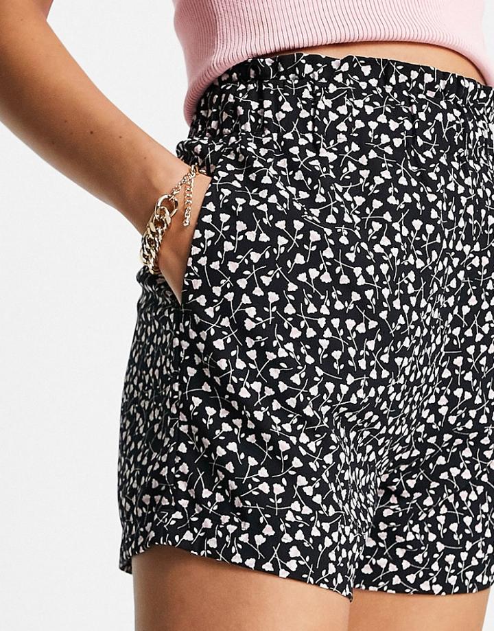 Monki Pam High Waist Shorts In Black Floral Print