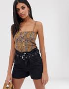 Mango Shirred Floral Print Cami Top In Orange-yellow