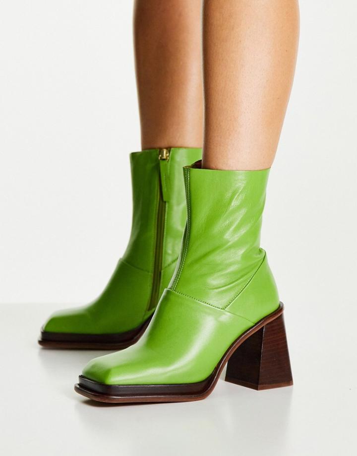 Asos Design Rochelle Premium Leather Platform Heeled Boots In Green