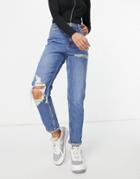 Topshop Mom Jeans With Knee And Thigh Rips In Mid Blue-blues