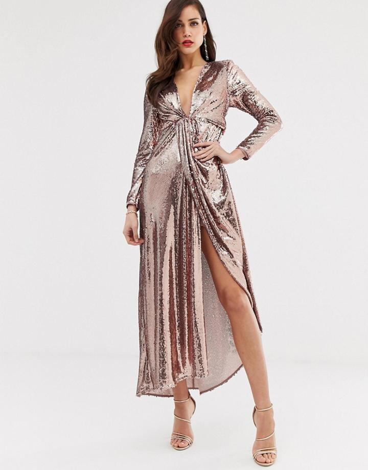 Asos Edition Plunge Asymmetric Maxi Dress In Sequin-gold