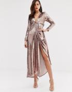 Asos Edition Plunge Asymmetric Maxi Dress In Sequin-gold
