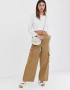 Asos Design Wide Leg Chino With Utility Pockets - Stone