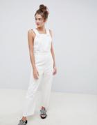 Asos Design Denim Jumpsuit In White With Popper Detail - White