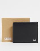 Asos Design Personalised Leather Wallet In Black With Silver M Initals