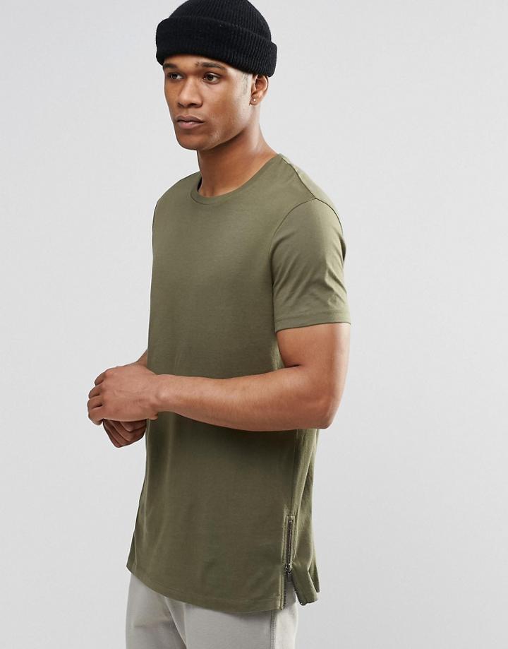 Asos Longline T-shirt With Side Zips In Green - Burnt Olive