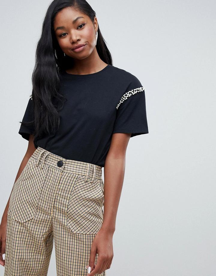 Bershka Pearl And Rhinestone Detail Tee - Black