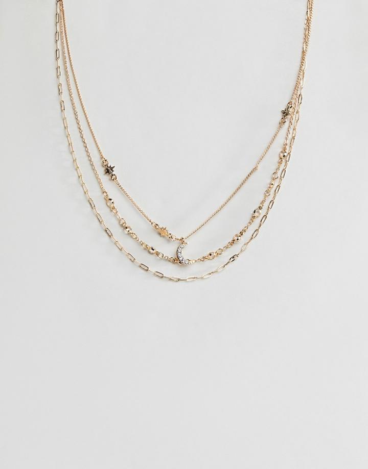 Asos Design Pack Of 3 Necklace With Jewel Moon And Star In Gold - Gold