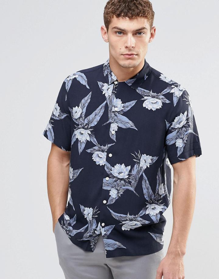Asos Tropical Shirt In Blue Viscose With Short Sleeves - Blue