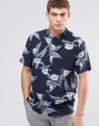 Asos Tropical Shirt In Blue Viscose With Short Sleeves - Blue