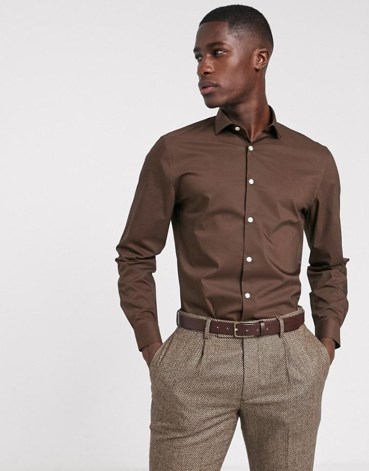 Moss London Extra Slim Shirt With Stretch In Brown - Brown