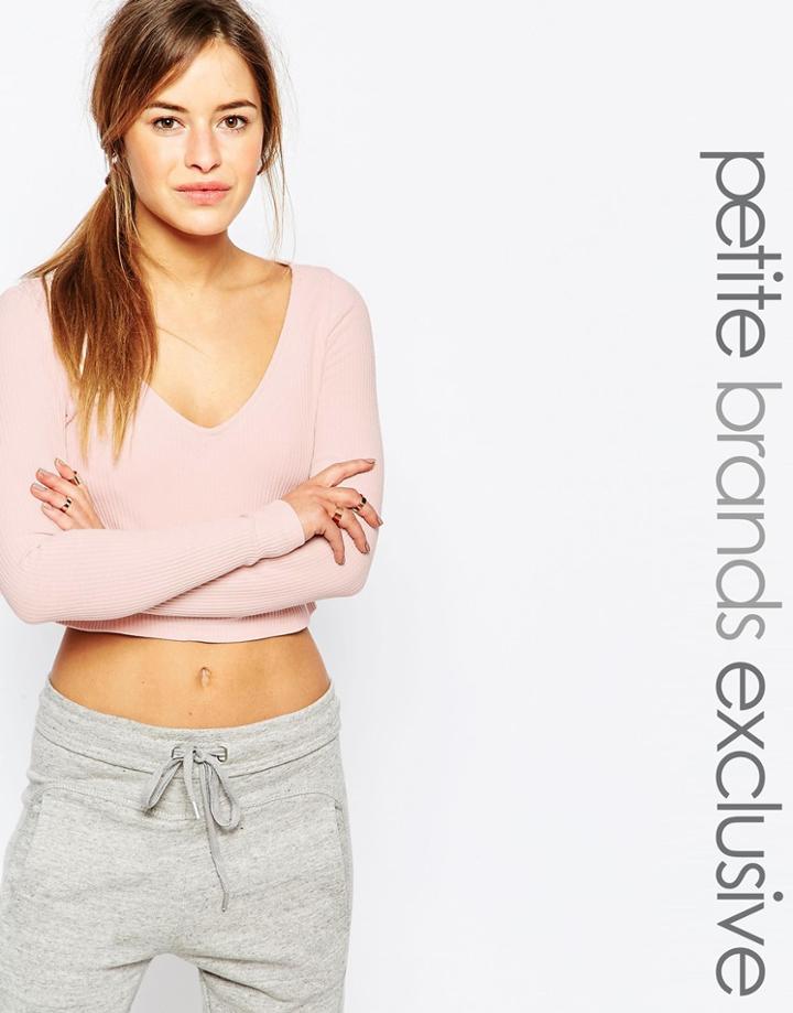 One Day Petite Long Sleeve Rib V Neck Crop Top - Pink