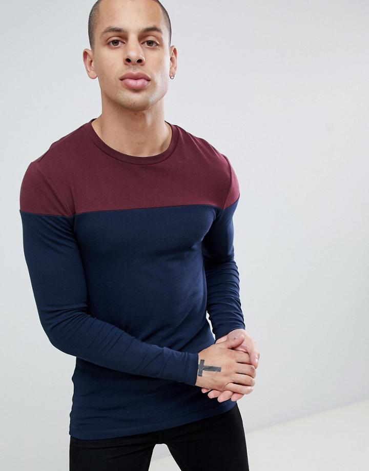 Asos Design Muscle Long Sleeve T-shirt With Contrast Yoke In Navy - Navy