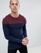 Asos Design Muscle Long Sleeve T-shirt With Contrast Yoke In Navy - Navy