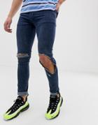 Asos Design Super Skinny Jeans In Dark Wash Blue With Open Rips - Blue