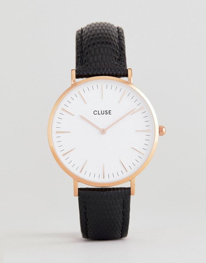 Cluse Cl18037 La Boh Me Leather Watch In Black Lizard - Black