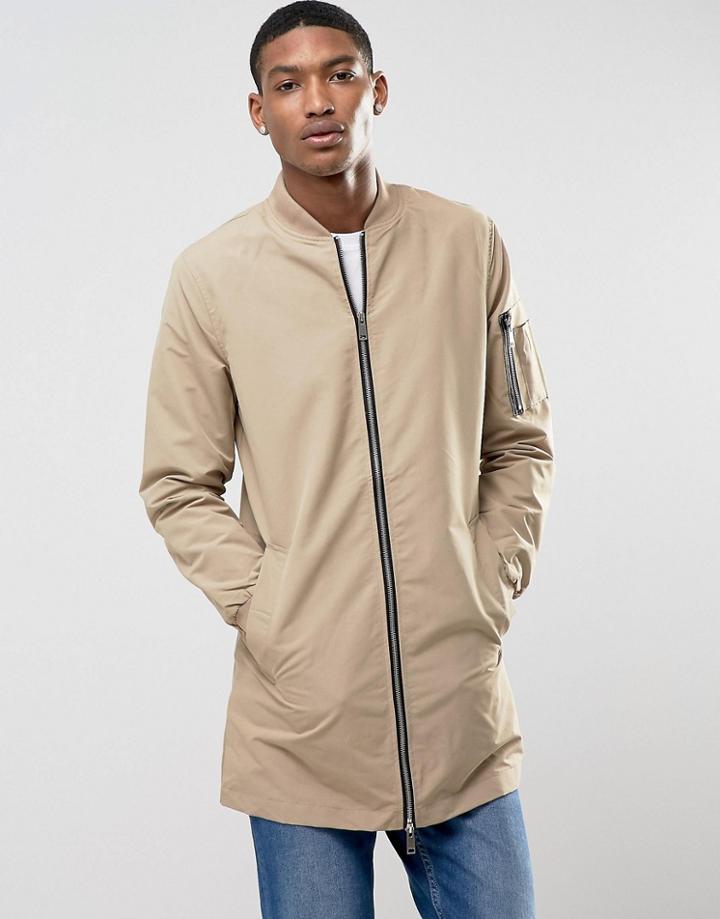 Brave Soul Long Line Zip Through Jacket - Stone