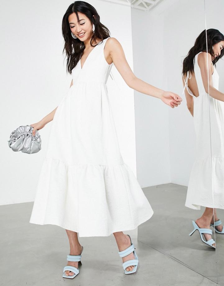 Asos Edition Textured Floral Midi Dress In White