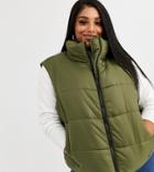 Asos Design Curve Nylon Padded Vest Jacket In Khaki-multi