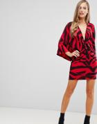 Flounce London Kimono Wrap Front Mini Dress In Red Animal - Multi