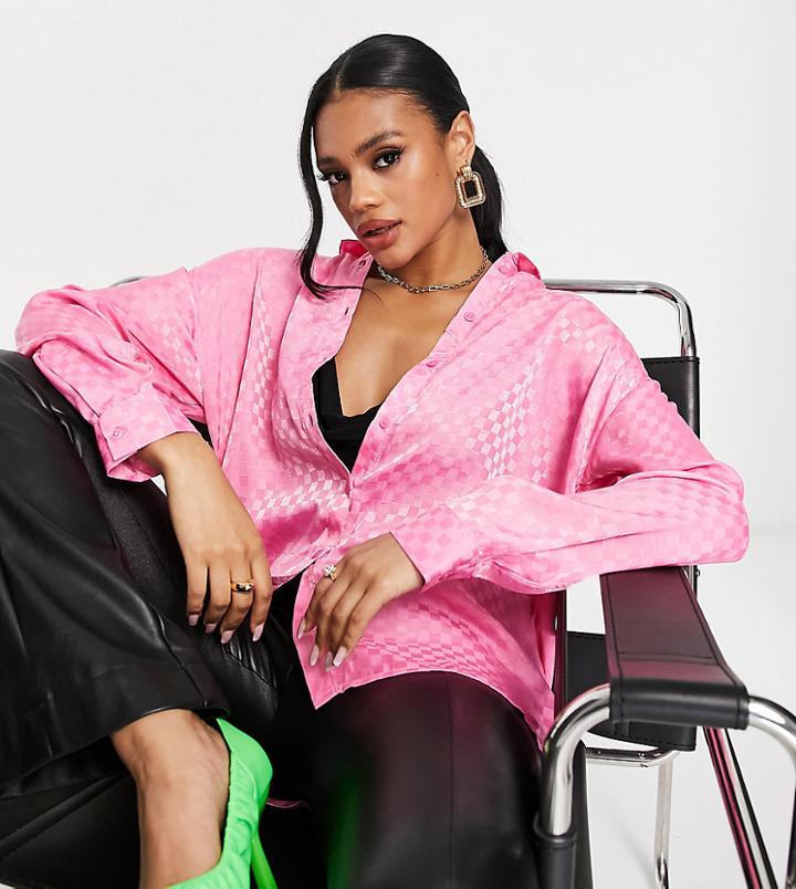 Missguided Long Sleeve Satin Shirt In Pink Checkerboard