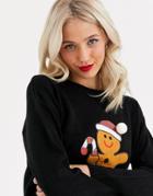 Brave Soul Gingerbread Christmas Sweater With Sequin Detail-black