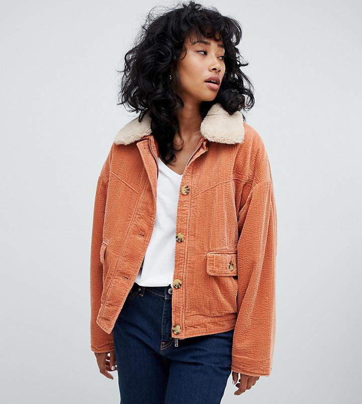 Pull & Bear Corduroy Fleece Collar Jacket In Rust - Red