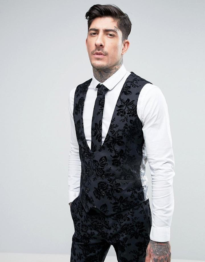 Noose & Monkey Super Skinny Db Vest In Flocked Floral With Stretch - G
