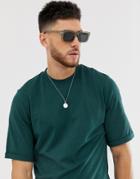 Asos Design T-shirt With Roll Mid Sleeve In Green - Green