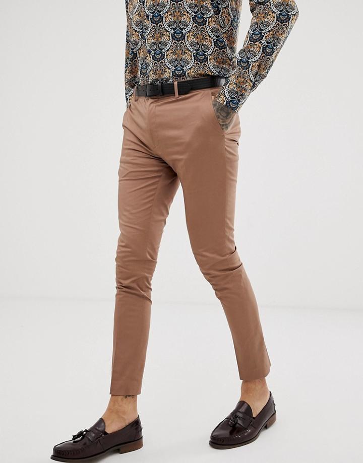 Devils Advocate Super Skinny Plain Cotton Sateen Stretch Suit Pants - Brown