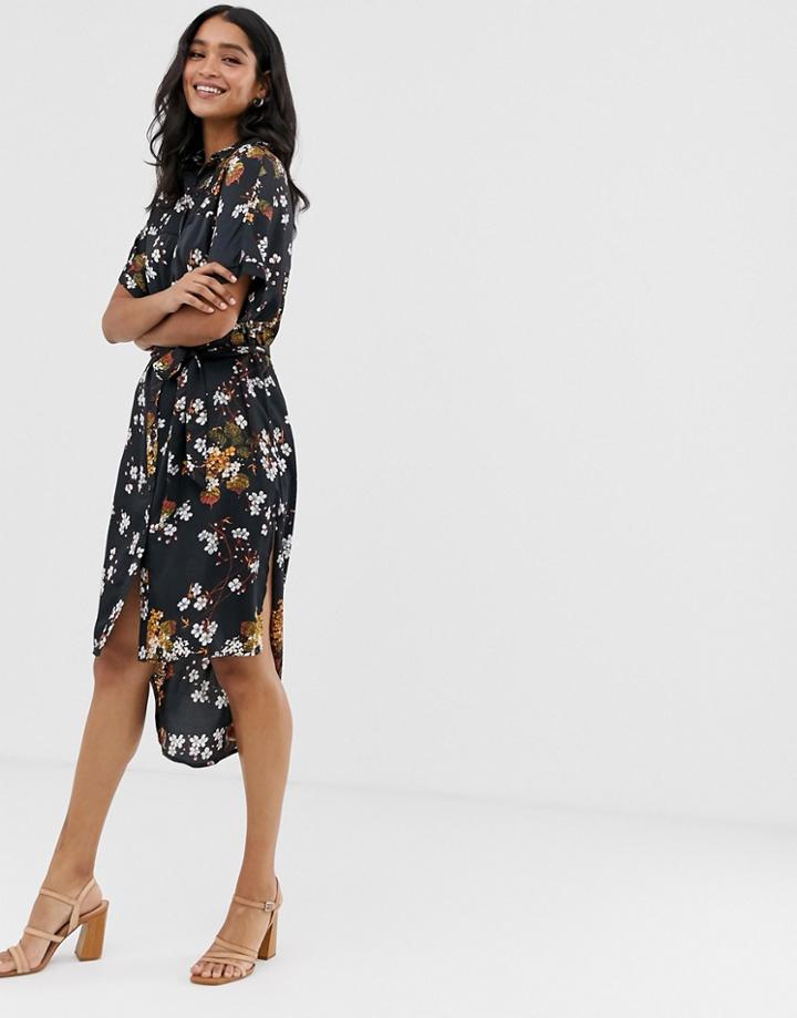 Liquorish Midi Shirt Dress In Floral Print - Black