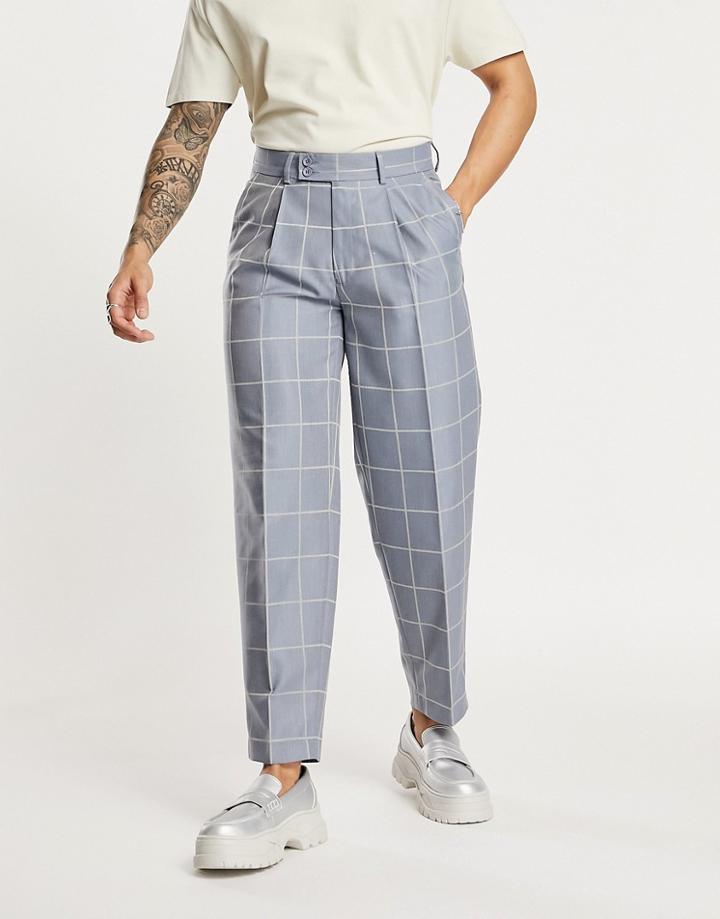 Asos Design Linen Mix Twill Balloon Smart Pants In Blue Window Check