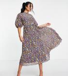 Asos Design Tall High Neck Pleated Midi Dress With Puff Sleeve In Bright Floral Print-multi