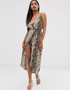 Asos Design Cami Wrap Maxi Dress In Leopard Print-multi